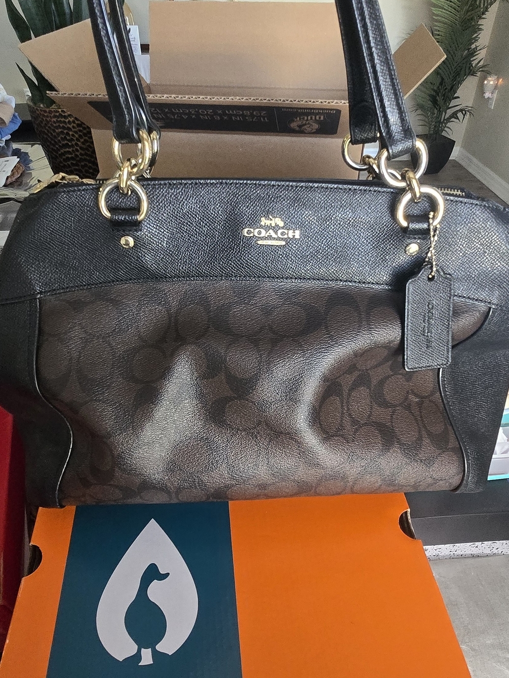 Coach Brown and Black Signature Dome Satchel with Gold Hardware